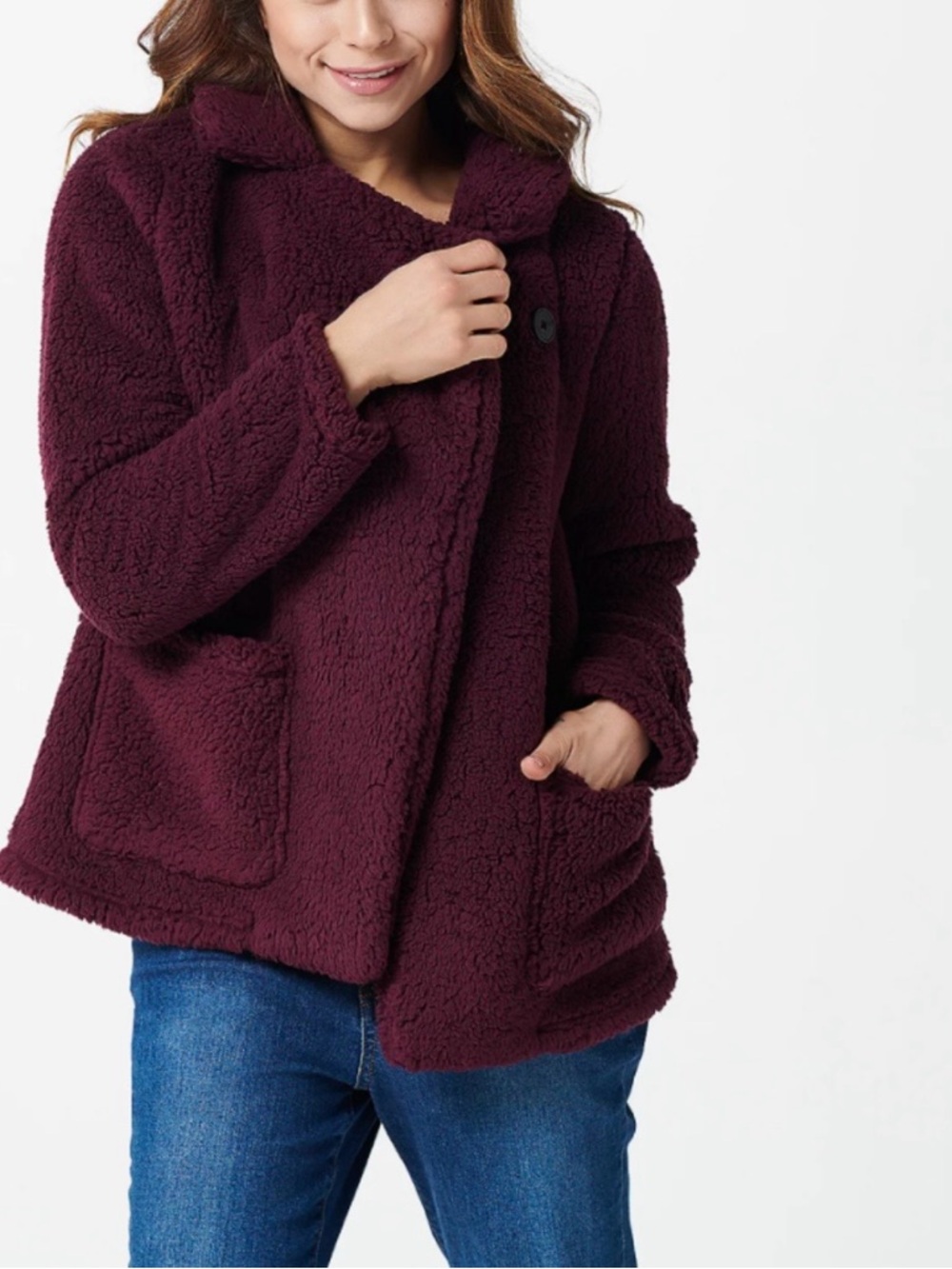 Cuddl Duds Plush Teddy Coat in Burgundy